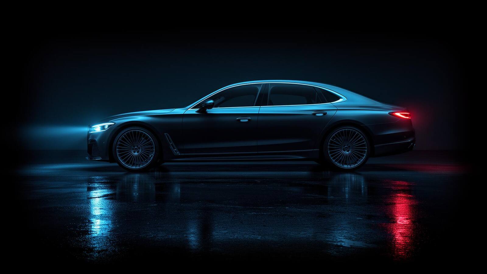 Luxury vehicle under electric blue lighting